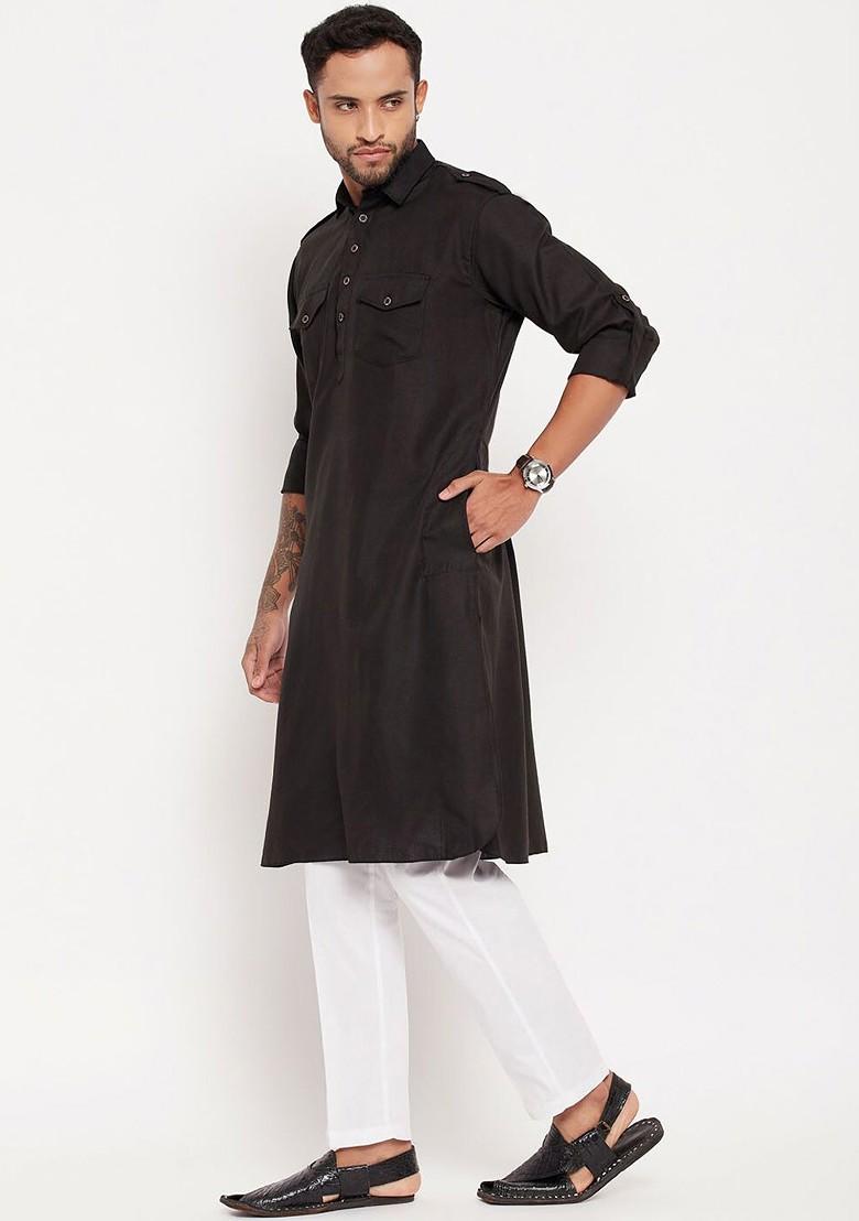 Black Solid Pathani Kurta Set For Men