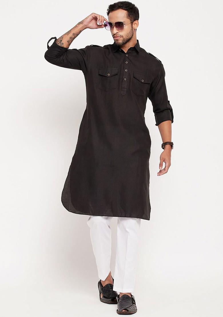 Black Solid Pathani Kurta Set For Men