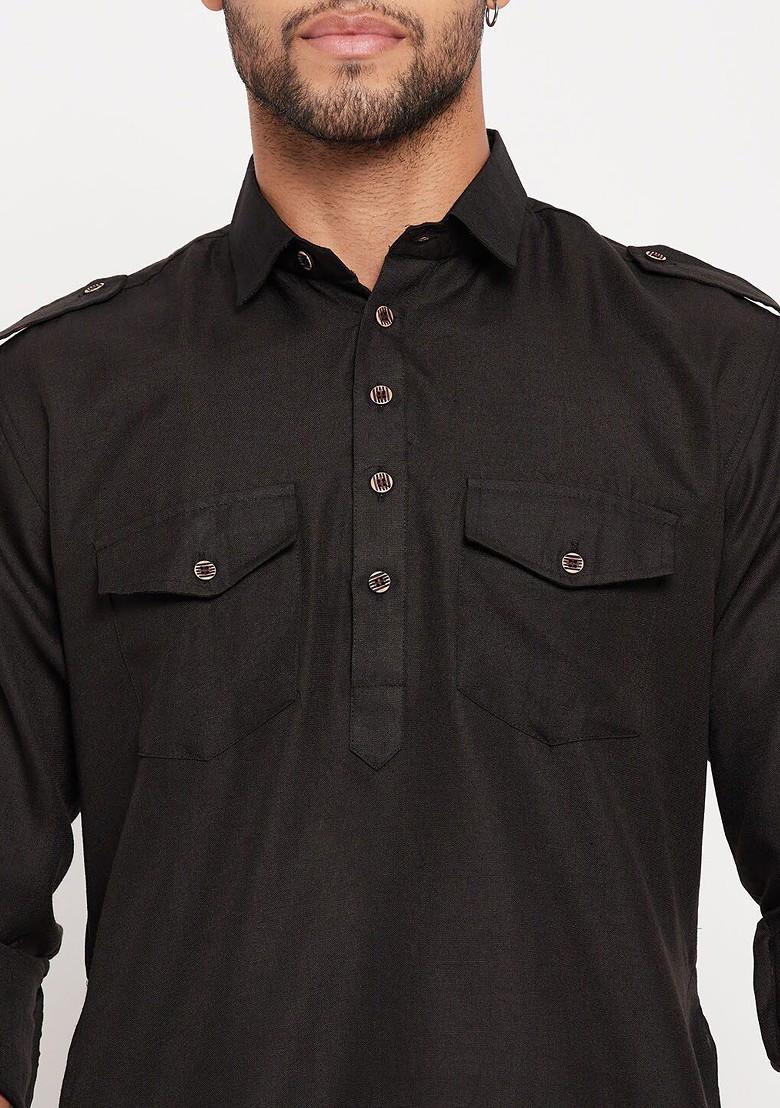 Black Solid Pathani Kurta Set For Men