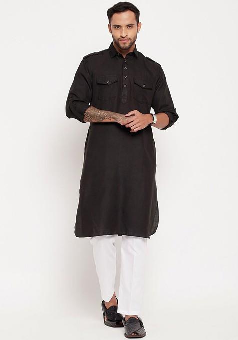 Black Solid Pathani Kurta Set For Men