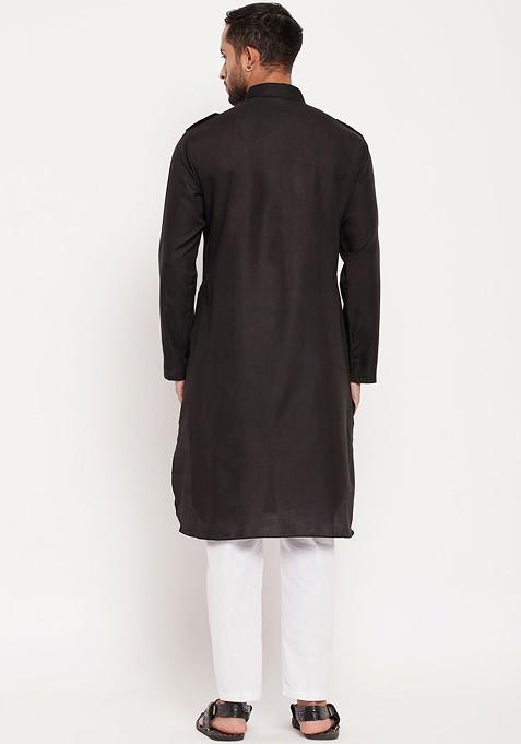 Black Solid Pathani Kurta Set For Men