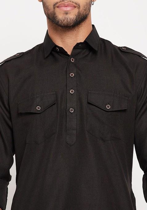 Black Solid Pathani Kurta Set For Men