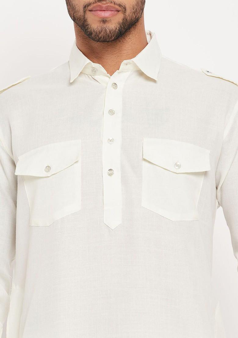 White Solid Pathani Kurta Set For Men