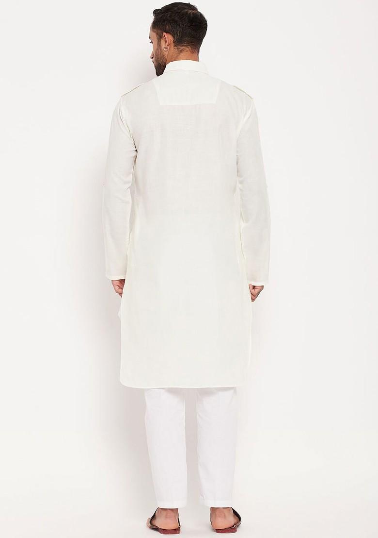 White Solid Pathani Kurta Set For Men