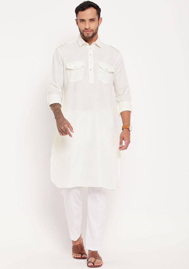White Solid Pathani Kurta Set For Men