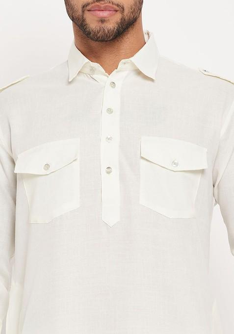 White Solid Pathani Kurta Set For Men