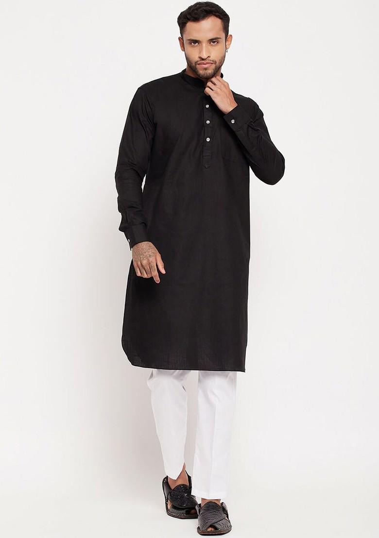 Black Solid Poly Blend Kurta Set For Men