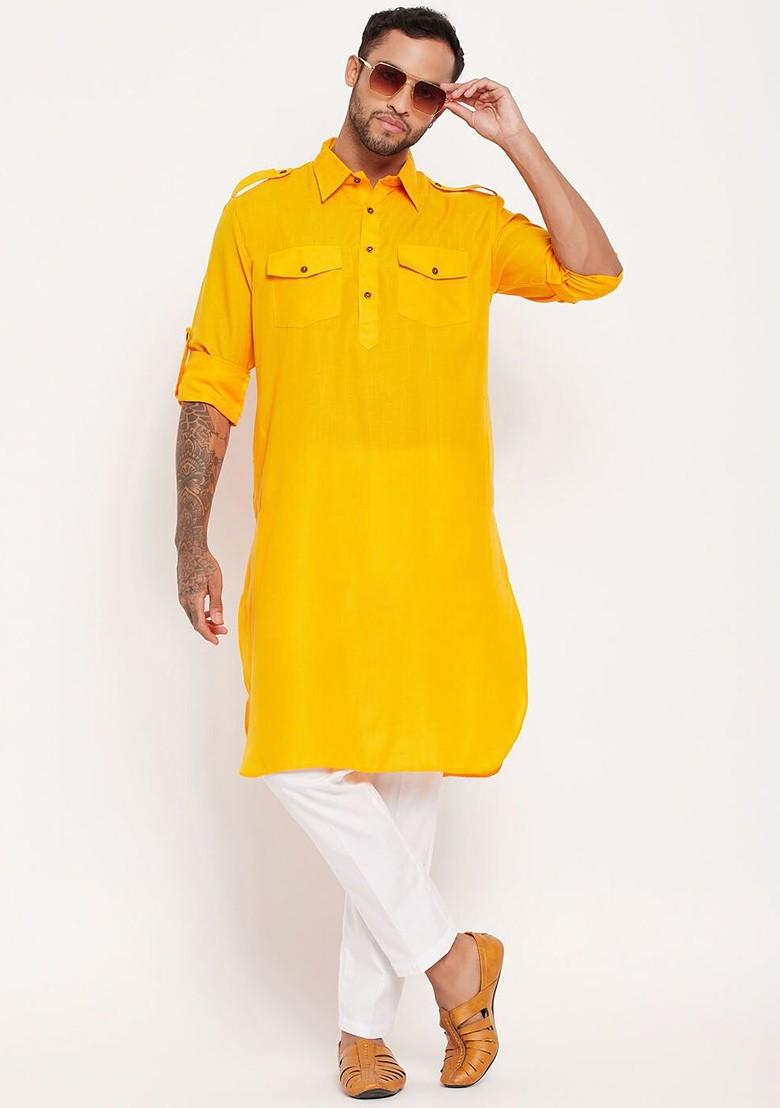 Mustard Solid Pathani Kurta Set For Men