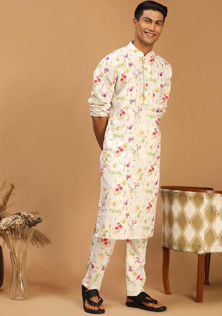 Cream Floral Print Poly Blend Kurta Set For Men