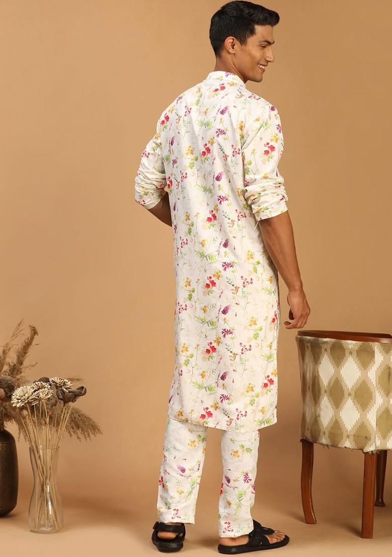 Cream Floral Print Poly Blend Kurta Set For Men