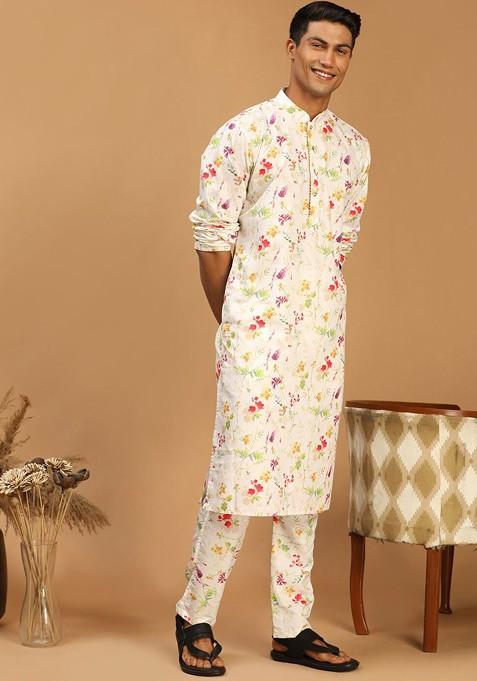 Cream Floral Print Poly Blend Kurta Set For Men