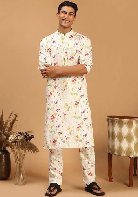 Cream Floral Print Poly Blend Kurta Set For Men