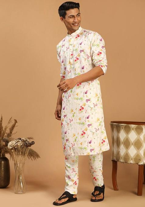 Cream Floral Print Poly Blend Kurta Set For Men