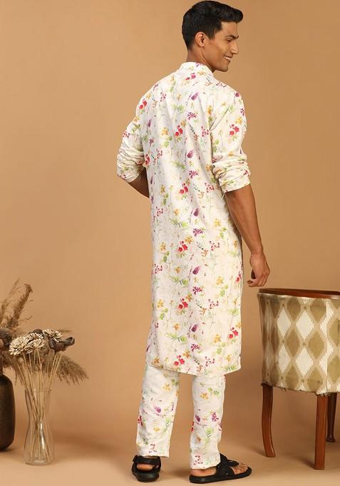 Cream Floral Print Poly Blend Kurta Set For Men