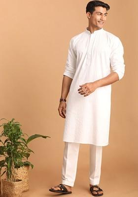 White Striped Poly Blend Kurta Set For Men