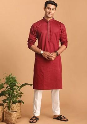 Maroon Striped Poly Blend Kurta Set For Men