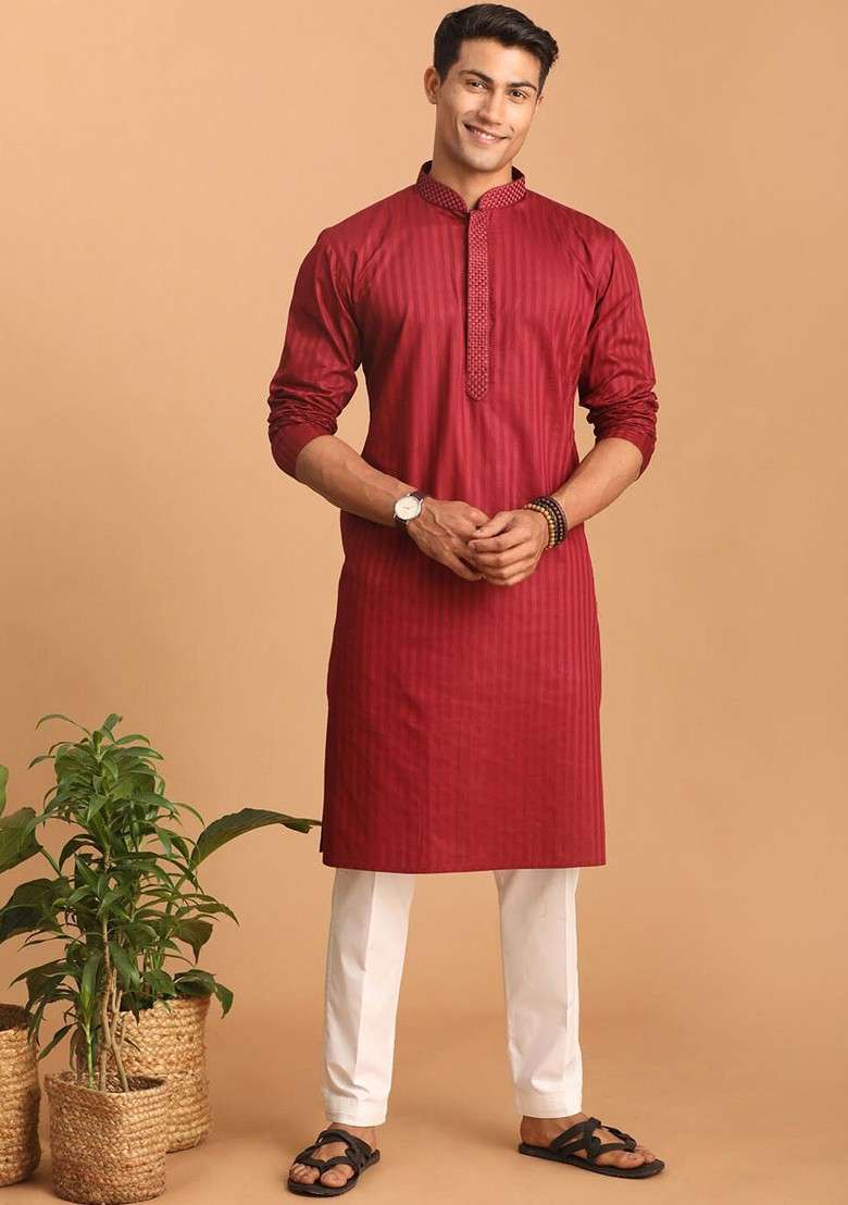 Maroon Striped Poly Blend Kurta Set For Men - Indya