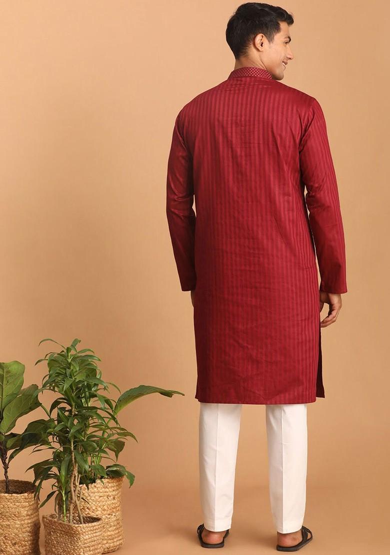 Maroon Striped Poly Blend Kurta Set For Men