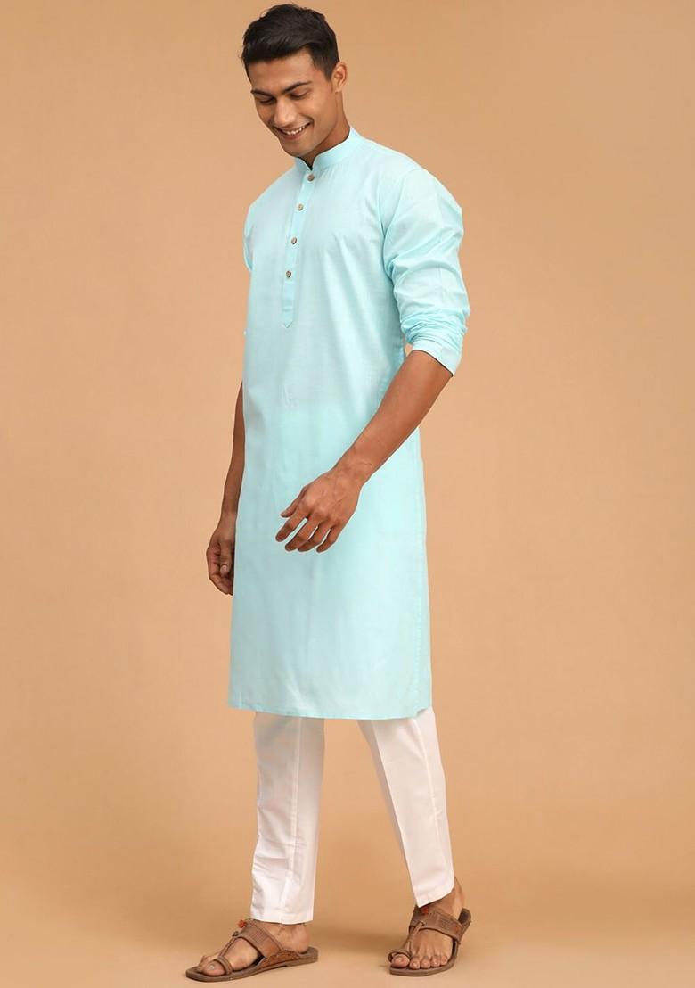 Turquoise Blue Solid Poly Blend Kurta Set For Men
