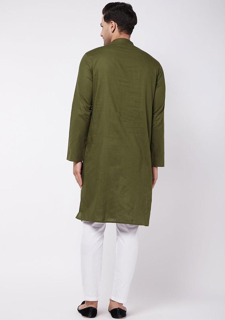 Olive Solid Poly Blend Kurta Set For Men