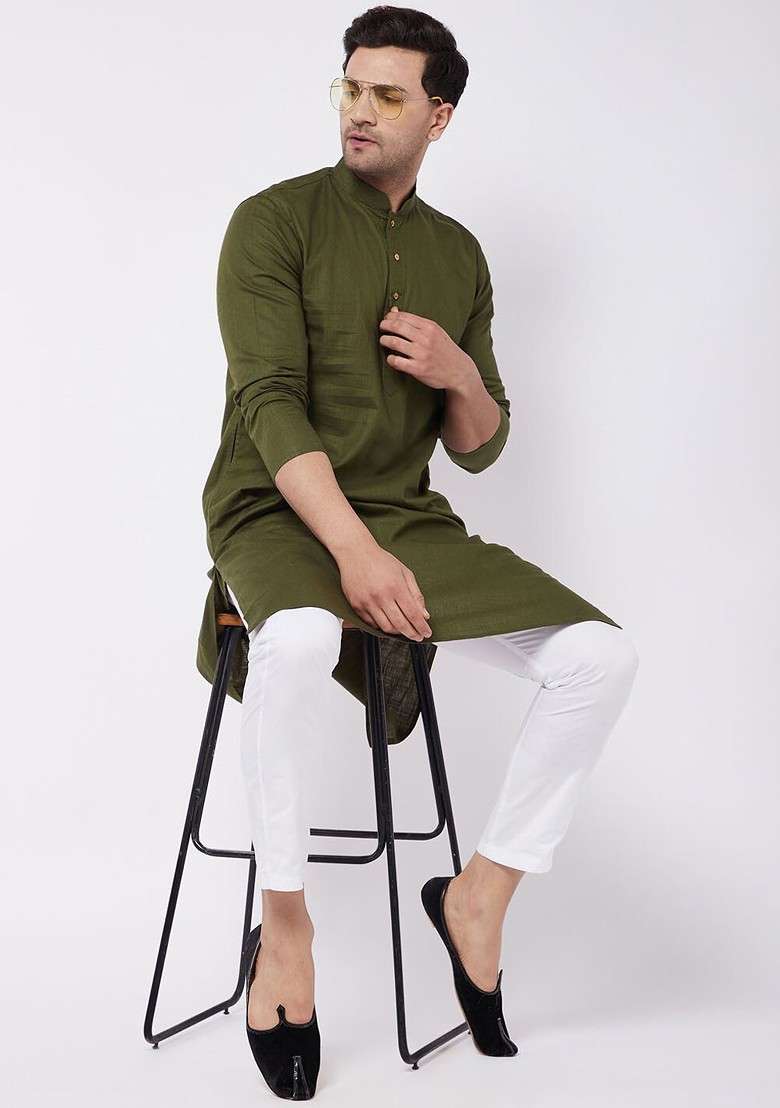 Olive Solid Poly Blend Kurta Set For Men - Indya