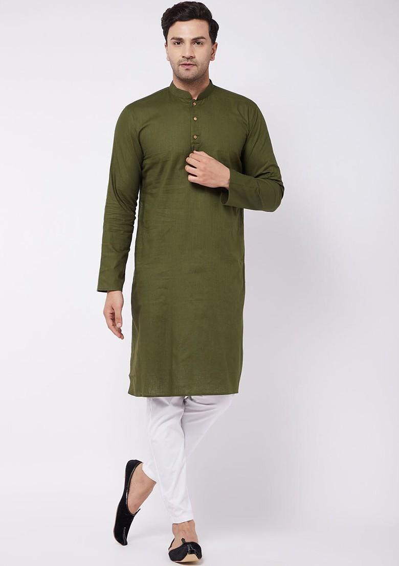 Olive Solid Poly Blend Kurta Set For Men