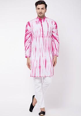 Pink Abstract Print Cotton Kurta Set For Men
