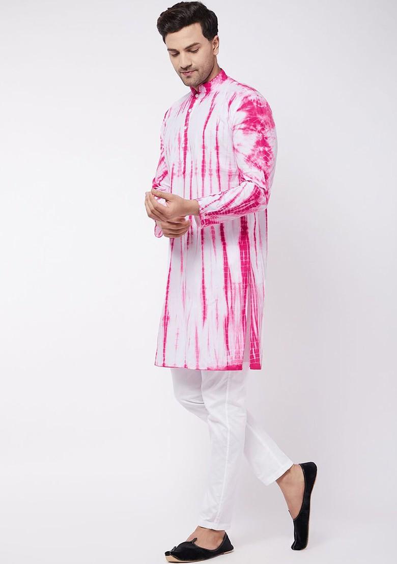 Pink Abstract Print Cotton Kurta Set For Men