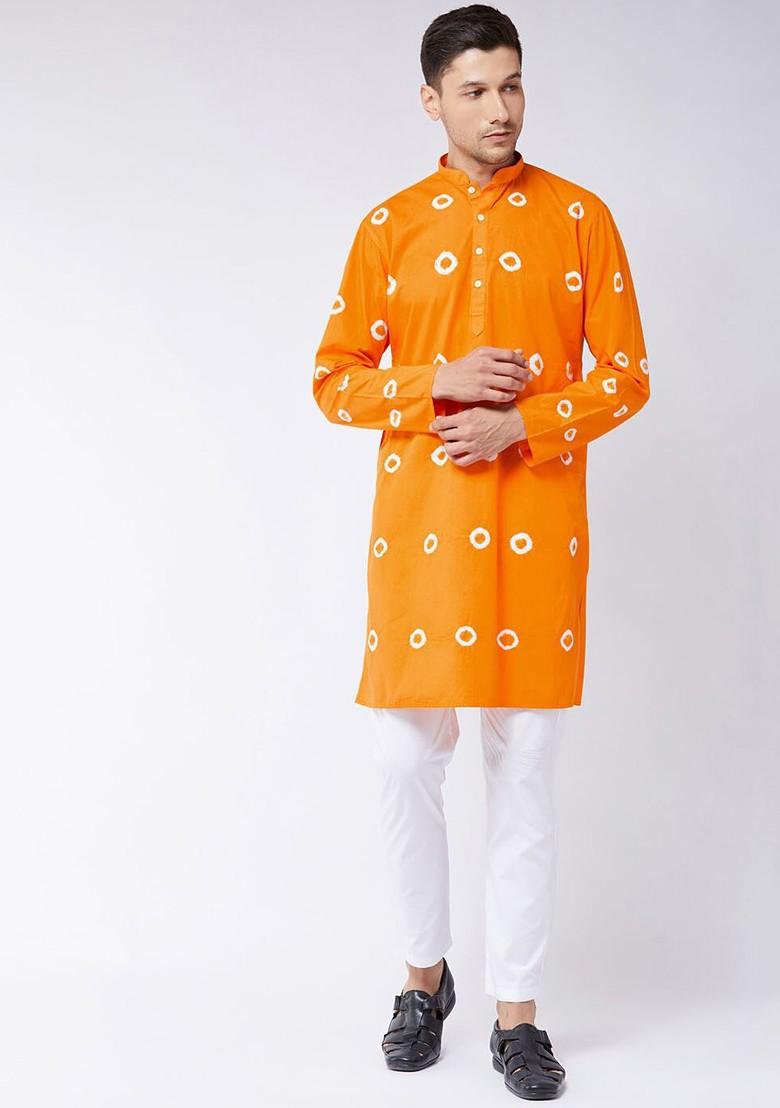 Orange Bandhani Print Cotton Kurta Set For Men