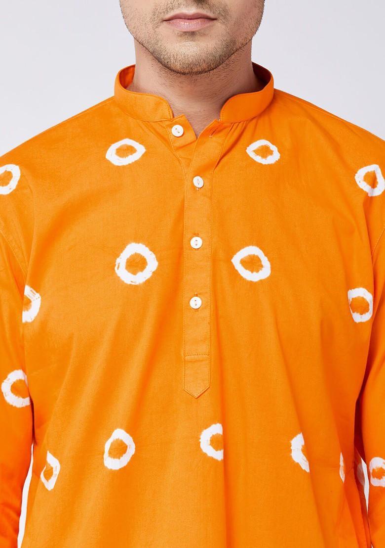 Orange Bandhani Print Cotton Kurta Set For Men