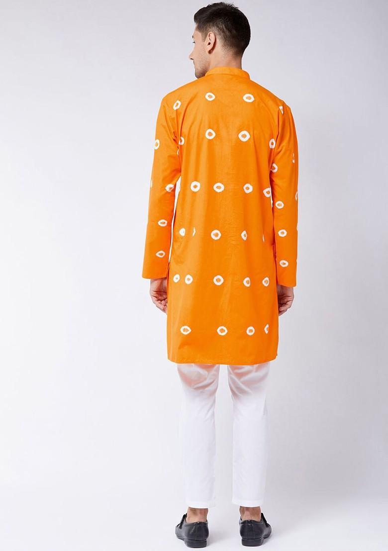 Orange Bandhani Print Cotton Kurta Set For Men