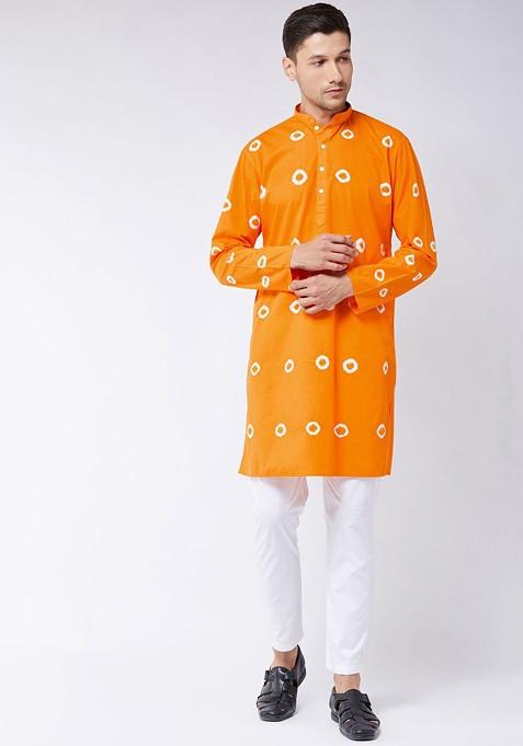 Orange Bandhani Print Cotton Kurta Set For Men