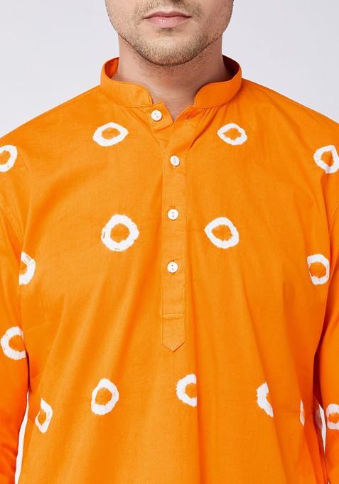 Orange Bandhani Print Cotton Kurta Set For Men