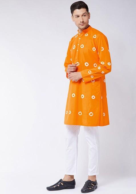 Orange Bandhani Print Cotton Kurta Set For Men