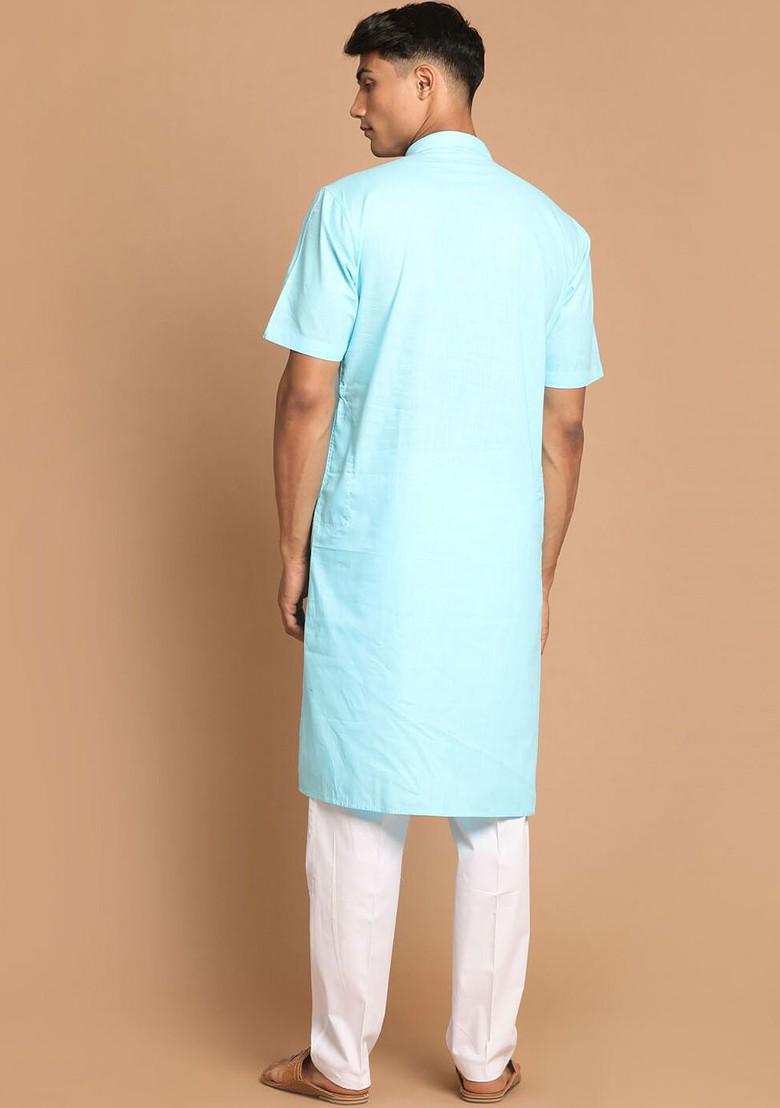 Turquoise Blue Solid Poly Blend Kurta Set For Men