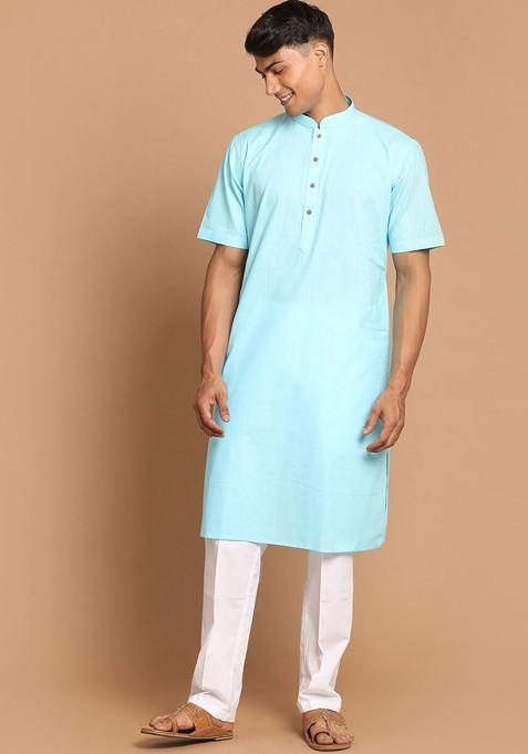 Turquoise Blue Solid Poly Blend Kurta Set For Men — view on Indya