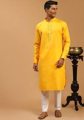 Yellow Solid Poly Blend Kurta Set For Men