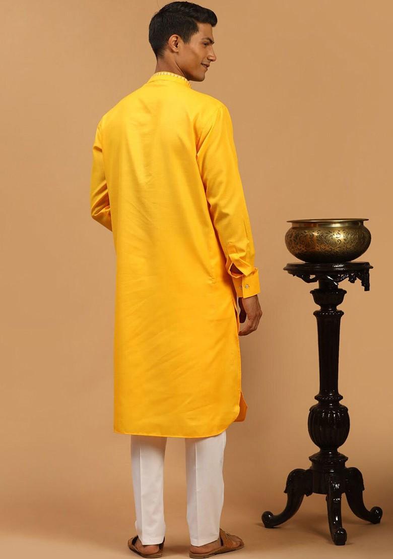 Yellow Solid Poly Blend Kurta Set For Men