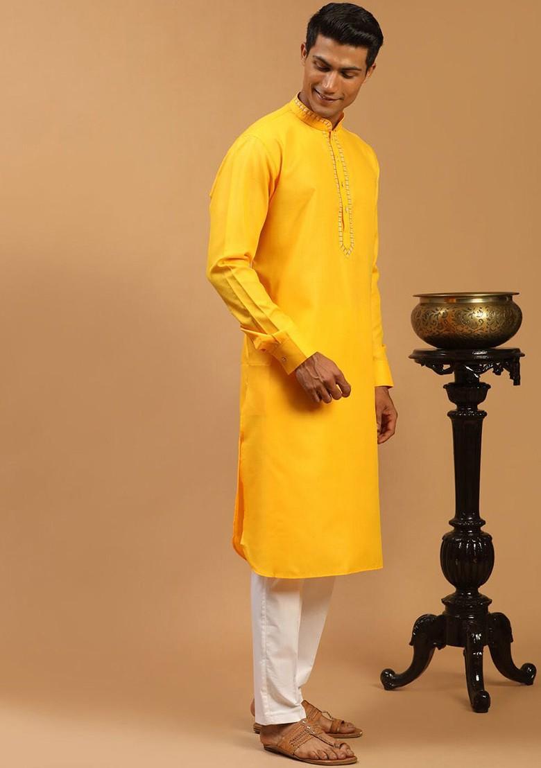 Yellow Solid Poly Blend Kurta Set For Men