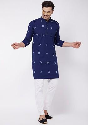 Navy Blue Bandhani Print Cotton Kurta Set For Men