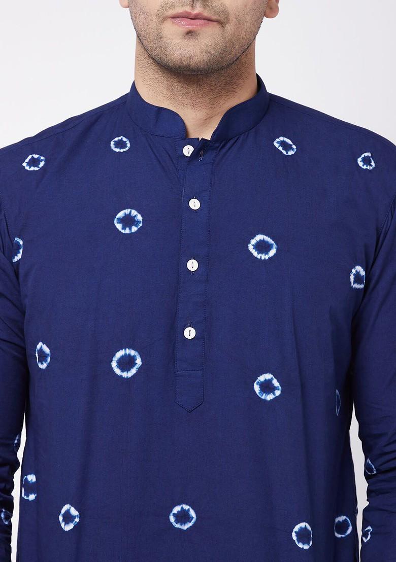 Navy Blue Bandhani Print Cotton Kurta Set For Men