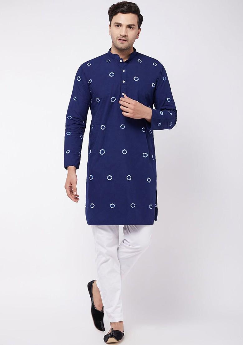 Navy Blue Bandhani Print Cotton Kurta Set For Men