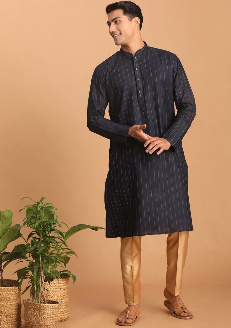 Navy Blue Striped Poly Blend Kurta Set For Men