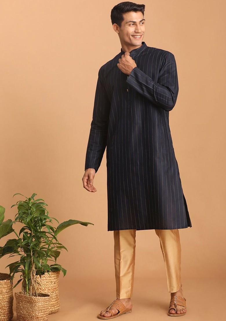 Navy Blue Striped Poly Blend Kurta Set For Men