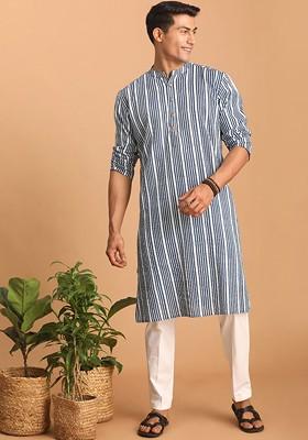 Navy Blue Striped Cotton Kurta Set For Men