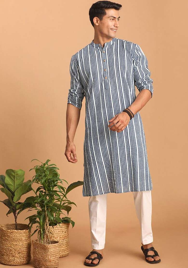Navy Blue Striped Cotton Kurta Set For Men - Indya