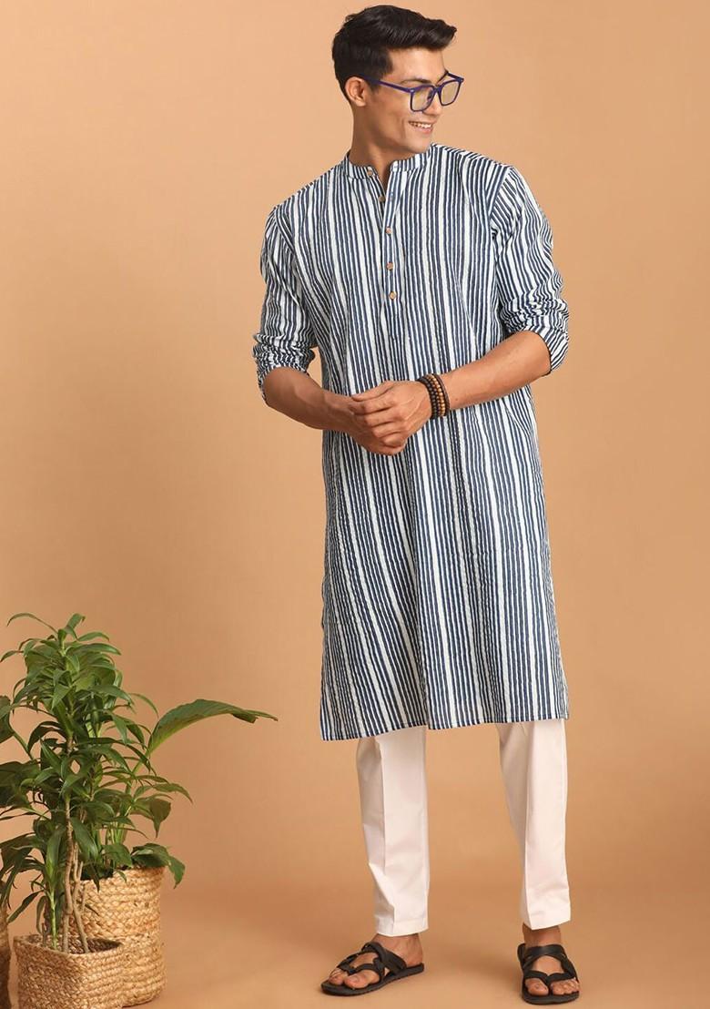 Navy Blue Striped Cotton Kurta Set For Men