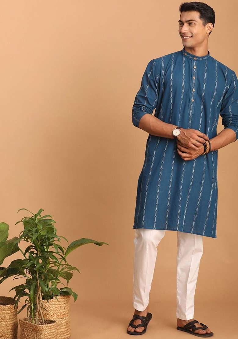 Blue Woven Cotton Kurta Set For Men - Indya