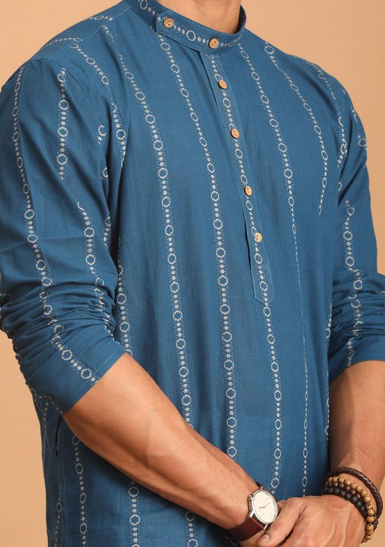 Blue Woven Cotton Kurta Set For Men