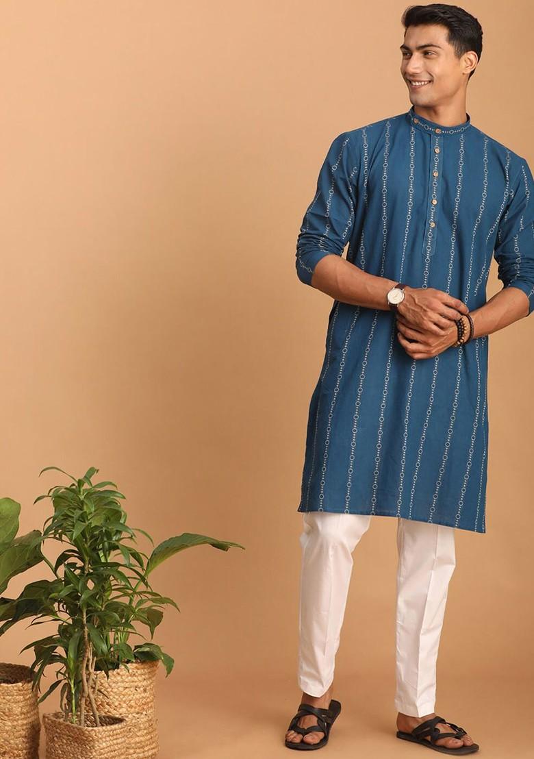 Blue Woven Cotton Kurta Set For Men